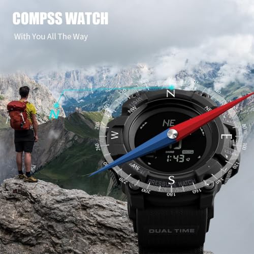 Watch Compass, Altimeter Barometer Thermometer Temperature, Pedometer, Military Army Waterproof Outdoors Sport Digital Watch for Men - color: Black-A