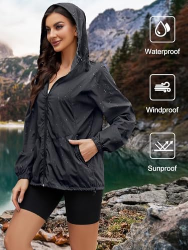 CRIPOM Light Weight Rain Jacket Women Waterproof Windbreaker Travel Rain Coats for Women Packable S-XXL - color: Black, size: X-Large