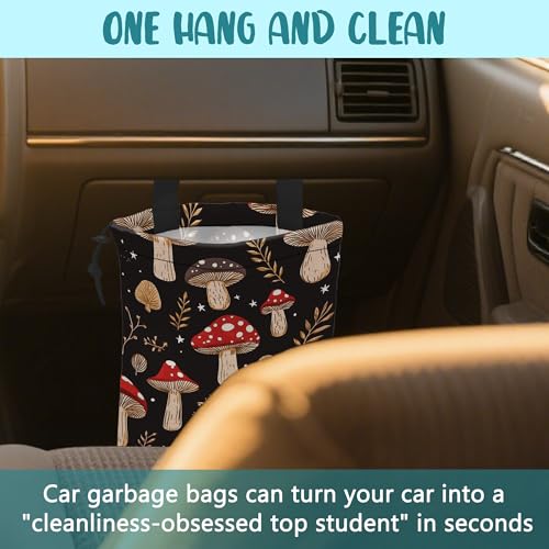 Car Garbage Bag Mushrooms and Golden Leaves Hanging Canvas Car Trash Bag Drawstring Car Back Seat Organizer for Car Back Front Seat Console with Adjustable Buckle - color: Mushrooms and Golden Leaves