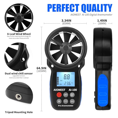 AIOMEST Digital Anemometer, Handheld Wind Speed Meter AI-100, Airflow Gauge Measures Air Temperature ℃/℉ Velocity for HVAC with Wind Chill Backlight - color: AI-100 Anemometer