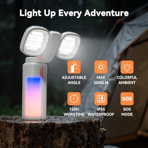 4-in-1 Camping Light, Work Light, Video Flashlight 2000LM Rechargeable 120H Runtime, 10000mAh Power Bank, 2700K-6500K CCT Adjustable Magnetic Tripod, IP54 Waterproof Outdoor Emergency Lantern