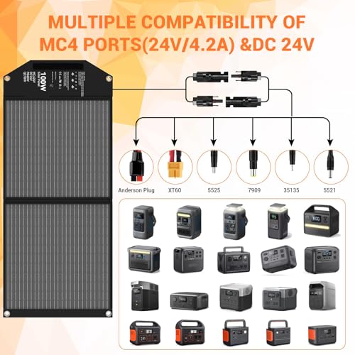 100W Portable Foldable Solar Panel Charger 24V MC4 DC USB-C USB-A | USB-C PD65W, USB-A QC3.0 Fast Charging, for Power Station, Generator, Outdoor, Camping, RV Trip, Off Grid Living - size: 100W