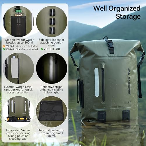MARCHWAY Roll Top Waterproof Backpack, Floating Dry Bag 20L/30L/45L with Ergonomic Rectangular Base, Cushioned Back, Hip Strap for Hiking Camping Kayaking Travel (Army Green, 20L) - color: Army Green, size: 20L