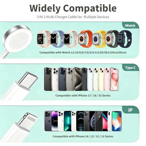 for Apple Watch Charger Fast Charging, 3 in 1 iPhone and iWatch Cable 6FT | with 20W USB C Charger Combo, Compatible with Apple Watch Series Ultra/SE/11/10/9/8/7/6/5/4/iPhone17/16/15/14/13/12/11 Series - size: 6FT