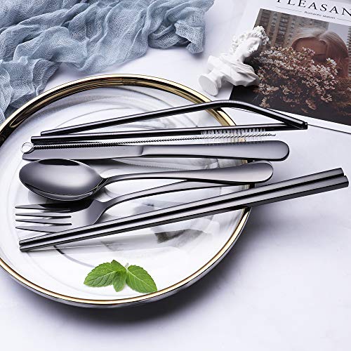 Travel Utensils Set with Case – 8-Piece Reusable Stainless Steel Camping Cutlery Set for Lunchbox, Office, School – Portable Fork Spoon Knife Chopsticks – Dishwasher Safe – Black - color: Black