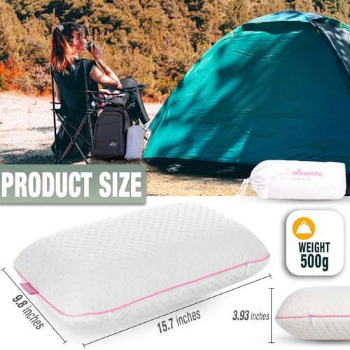 alkamto Travel & Camping Comfortable Memory Foam Pillow – Easy to Carry Portable Bag – Temperature Regulating Pillow Case (Pink + Extra Cover) - size: Pink Travel + Extra Cover