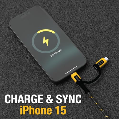 DEWALT Heavy Duty 4-in-1 Cable, Type C/MicroUSB/USB, (6ft, Black) | Cables for iPhone 17/16/15 iPad, USBC All in One Charging Cable, HTC, LG, Samsung Galaxy, Android, iPad Pro, Micro-to-C