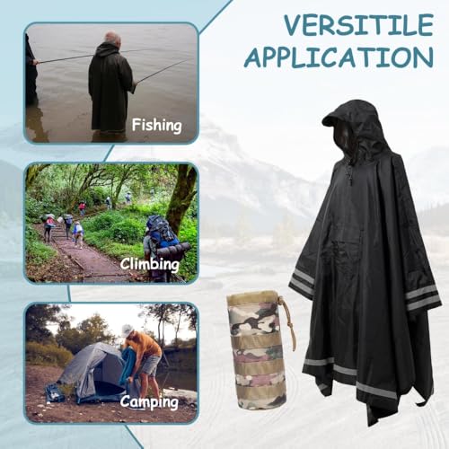Plus Size Rain Poncho with Hood and Reflective Stripes, Big and Tall Rain Poncho, Ideal as Rain Ponchos for Adults - color: Black