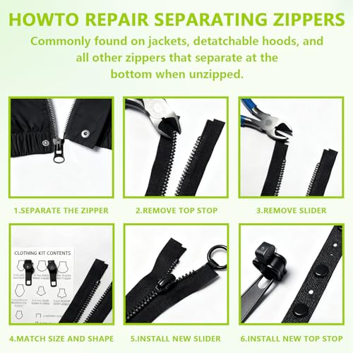36 PCS Universal Zipper Repair Kit - 3 Size Double-Sided Zipper Sliders with Zippers Pull, Black & Silver Zippers Fix Repair Replacement Kit for Backpack, Jackets, Coats, Tents, Luggage, Bags