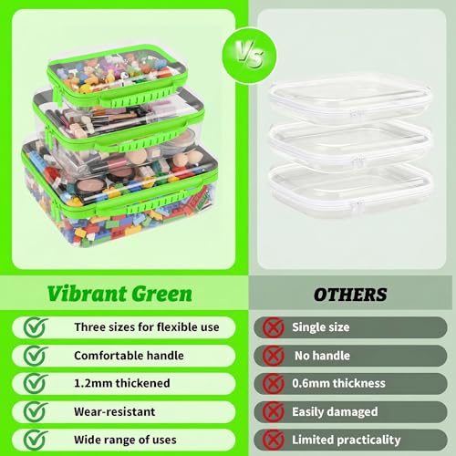 3 Pack Deep Clear Hard Shell Zipper Cases with Handle (Green) | Travel Toiletry Bag, Waterproof 1.2mm PET Hard Plastic Pouches, Organizer Box for Makeup, Toy, Snack, Stationery, Diaper - color: Green Handle(L+M+S)