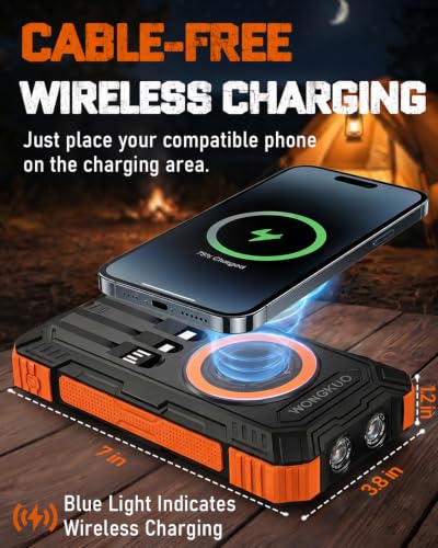 Solar Charger Power Bank - 49800mAh Solar Phone Charger with USB-C in/Output, QC 3.0 Fast Charging with LED Flashlight, Built-in 4 Cables, IP65 Waterproof Fits for Outdoor (Bright Orange)