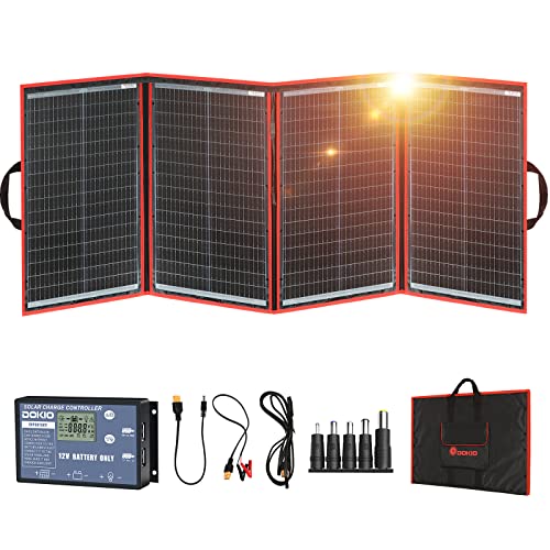 DOKIO 200W Portable Foldable Solar Panel Kit with Charge Controller | Folds to 20 x 26.4 in and weighs 9.7 lb; USB ports; for 12V batteries, power stations, RVs, camping, and emergencies
