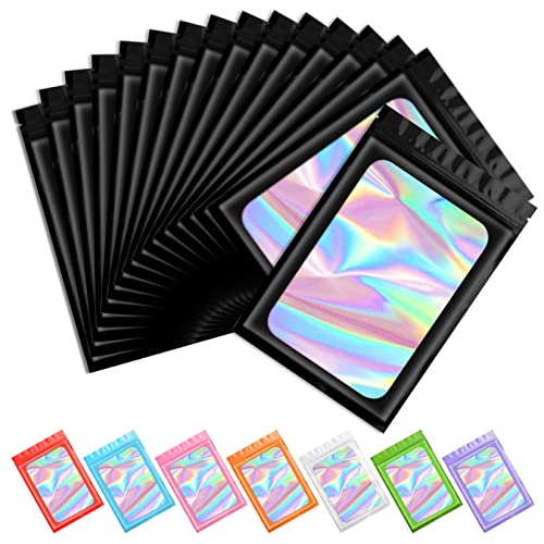 Funfery 100pcs Mylar Holographic Bags-Resealable Zipper&Clear Window (Black, 5.5 x 7.9 Inch) - color: Black, size: 5.5 x 7.9 Inch