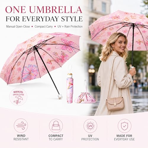 Manual Travel Umbrella with UPF 50+ UV Protection - color: PinkCrystalButterfly