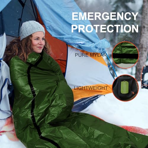 Emergency Survival Bag Waterproof Windproof Thermal Bivy Sack PE Aluminum Lining 90 Percent Body Heat Retention Compact for Camping Hiking Emergency - color: 2pack,army green