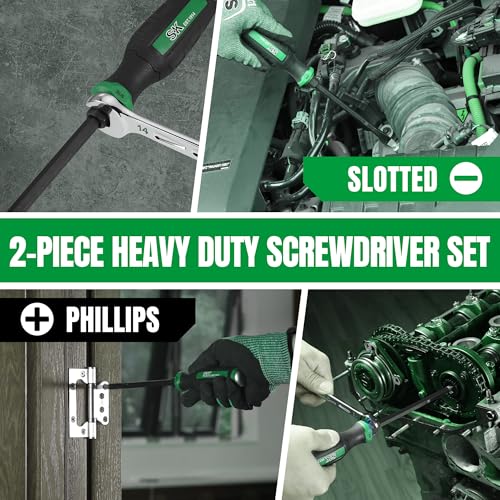 SK 2-Piece Screwdriver Set Heavy Duty, Demolition Screwdriver, S2 Steel | Magnetic Slotted/Phillips Tips, Strike-cap Design for High-impact, Hex Bolster, SureGrip Handle - size: 2PC