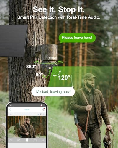 4G LTE Cellular Trail Camera with SIM, Solar, 2K 360° PTZ, No WiFi | Live View, Color Night Vision, Motion Detection, Camouflage, Hunting, Wildlife, Remote App View, Solar Powered, Waterproof