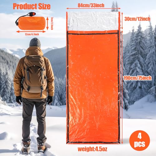 4 Pack Emergency Bivy Sack Bivy Bag - Emergency Sleeping Bags Survival Sleeping Bag Bivvy Sack Waterproof Lightweight Foil Military Patriot Compact Gear Blanket Thermal Escape Camping