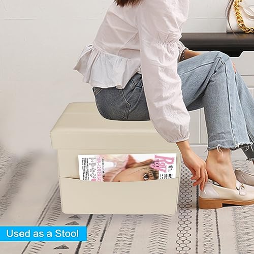 AmasSmile Ottoman with Storage,16" Folding Leather Foot Rest Chest,Beige - color: Beige Crosshairs 1 Pack., size: 16"*12"*12"with side pockets