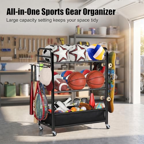 EXTCCT Ball Storage Sports Equipment Organizer - Garage Storage Cart Rolling Ball Storage Rack with Hooks Wheels Outdoor Indoor Gym Gear Toy Holder Bin for Basketball, Baseball, Soccer - color: Large Black