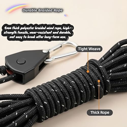 Camping Tent Rope Pulley System with Stakes, 4mm Braided Polyester Wind Rope, 13ft Adjustable Tightener with Carabiner and 4 Glow-in-the-Dark Steel Stakes, 34kg Load Capacity
