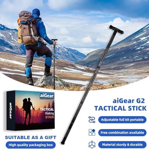 aiGear G2 Tactical Hiking Stick with Multi-Tool, 6-8 Section Walking Staff | 6061-T6 Aluminum, Magnesium Fire Starter, Anti-Skid Tip and Convertible T-Handle for Wading, Camping and Overlanding - size: 7 Tubes / 54.1"