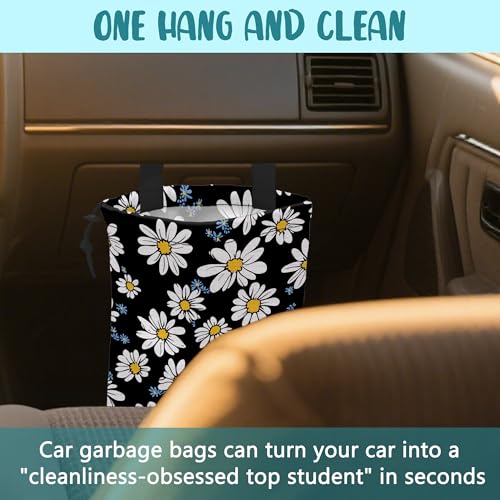 Car Trash Bag White Daisies Blue Flowers Leak-Proof Car Garbage Bag with Drawstring Foldable Canvas Trash Bin with Adjustable Buckle for Car Accessories, Travelling, Camping - color: White Daisies Blue Flowers