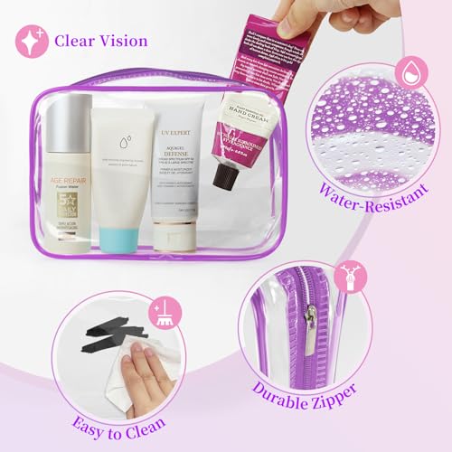TISRATOK 12 PCS Clear Makeup Bags with Zipper, TSA Approved Toiletry Pouch - color: Purple, size: medium