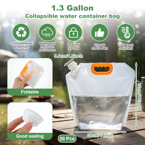 20Pcs 1.3Gallon Collapsibles Water Container Bag Bulk, Emergency Container Carrier Water Bottles, Freezable Waters Storage Jug, BPA Free Food Grade Clear Plastic for Outdoor Camping Riding
