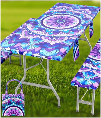 Wrakus Picnic Table Cover with Bench Covers Vinyl Elastic Edges Fitted Rectangle Tables Seat Waterproof 3-Piece 96X30in Set Outdoor Rectangular Folding Backing Tablecloth Camping Over Size Mandala - color: Purple Mandala, size: 96in