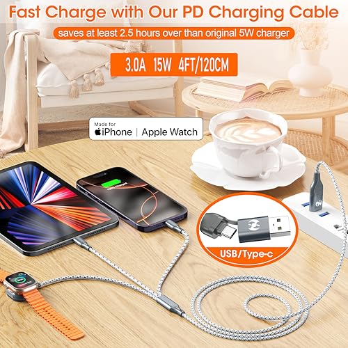 Apple Watch Charger 3 in 1 Multi Charging Cable 4FT Apple MFi Magnetic | USB A/C Lightning Type C Cord iWatch Magnetic Wireless Charger 3 in 1 Charging Wire for Apple iPhone Android Phone and iWatch - color: Grey/Silver-4ft