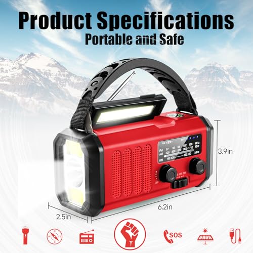 10000mAh Emergency Crank Radio, NOAA/AM/FM Weather Radio, Type-C Charge,Solar Charging,SOS, 3 Modes LED Torch, Reading Lamp, Compass for Outdoor Survival (Red) - color: Red