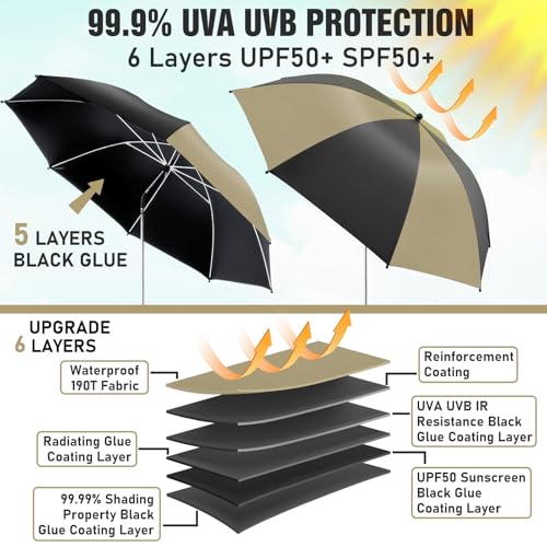 2 Pack Beach Umbrella with 360 Universal Clamp, UPF50+ Umbrella Outdoor Patio Sun Protection for Chairs, Beach &Patio Use (Not Include Chair) - color: Khaki and Black