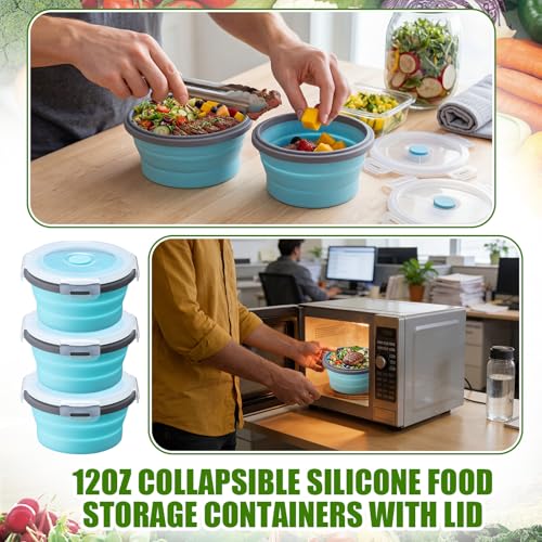 Domensi 12 Pcs Collapsible Bowls with Lids Silicone Camping Food Storage Container Foldable Expandable Folding Salad Lunch Box Leakproof Travel Container for Back to School Hiking Camping, Blue