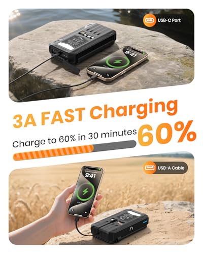 Solar Power Bank 48000mAh Built in 4 Cables, Wireless Portable Charger | Solar Charger with 4 Solar Panels, Wireless Charging, Built in 4 Cables, PD QC 3.0 Fast Charging, Flashlight for Camping - color: Black