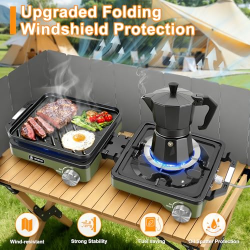 2-Burner Pro Camping Stove,24000 BTU Camp Stove,Foldable Propane Stove Includes Carry Bag,Windscreen Griddle, Portable Stove,Camping Essentials,Suitable For Outdoor Cooking,Tailgating,Grilling (Green)