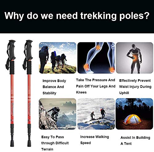 Aihoye Hiking Trekking Poles, 2 Pack Walking Hiking Sticks for Men &Women | Collapsible, Lightweight, Anti Shock and Quick Lock System - color: red