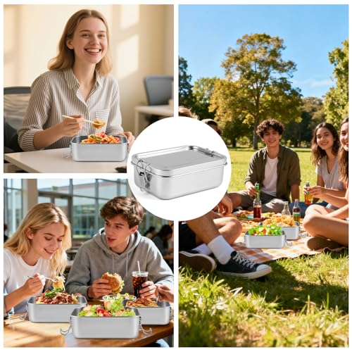 4 Pcs Stainless Steel Bento Box, Metal Lunch Box, Food Storage Containers with Lockable Clips to Leak Proof, Reusable Metal Lunch Snack Boxes for Work, Picnic, Camping, Dishwasher Safe(850ml)