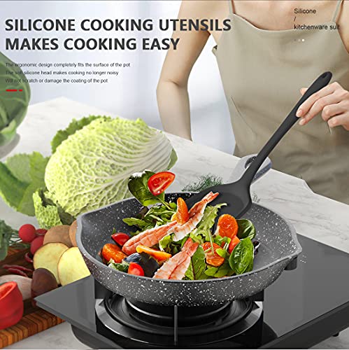 AOTHOD Silicone Cooking Utensils Set - 446°F Heat Resistant Kitchen Utensils,Turner Tongs,Spatula,Spoon,Brush,Whisk,Kitchen Utensil Gadgets Tools Set for Nonstick Cookware,Dishwasher Safe (BPA Free) - color: Black