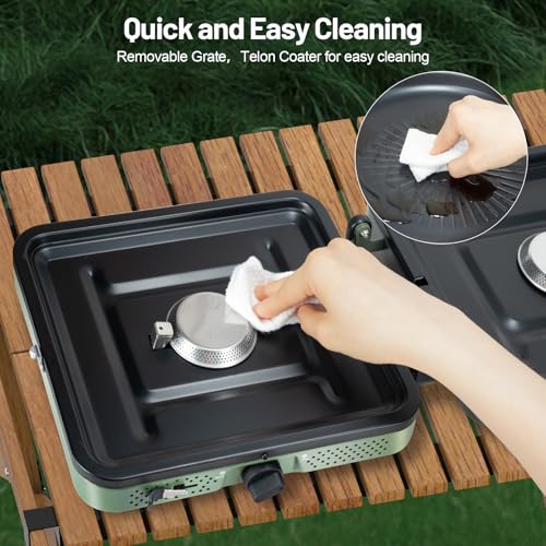Portable Camping stove, 2 Burner Foldable Camping Stove with Griddle and Carrying Bag & Hose, 8600BTU Portable Propane Camp Stove with Ignition & 2 Adjustable Burners,for Camping Tailgating BBQ Grill - color: Green