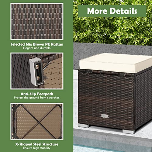 HAPPYGRILL 2 Pieces Patio Ottoman Set Outdoor Wicker Stool with Storage, Rattan Footrest Ottoman with Solid Metal Frame and Cushion for Backyard Poolside Garden Balcony - color: Off White