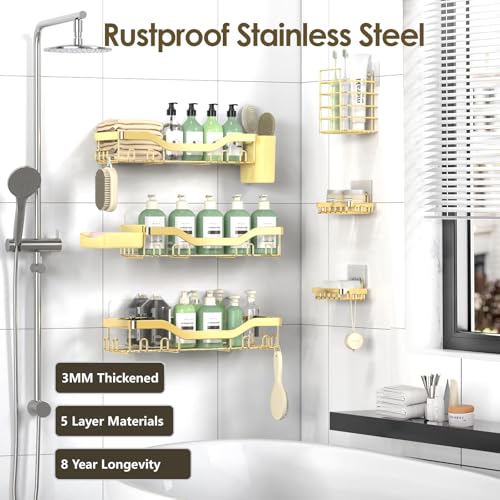 NESOMI Shower Caddy Adhesive Shower Organizer 8-Pack, Rustproof Stainless Steel Bathroom Shelves, Large Capacity No-Drill Rack Storage Accessories with Soap Dish Toothbrush Holder Hooks - color: Gold, size: 8-Piece Set