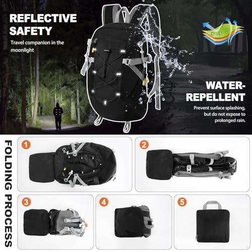 20L Hiking Backpack Lightweight Packable Daypack | Water-Repellent Nylon, Padded Straps, Dry-Wet Compartment, 2 Bottle Pockets, Reflective Strip, Hiking Camping Travel, Black - color: Black