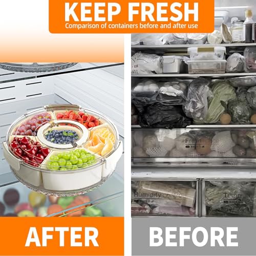 Divided Serving Tray with Lid and Handle, Portable Snackle Box Container for Fruits Snacks Charcuterie Organizer, Spinning Rounded Veggie Tray for Kitchen, Party, Travel and Picnic - size: 6 Compartments