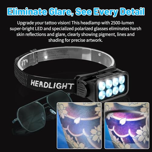 GBK Tattoo Headlamp with Motion Sensor,Polarized Vision Glasses,Rechargeable Headlight,2500 Lumen LED Head Light for Tattoo Artists, Anti Glare Lighting to Enhance Tattoo Detail(1 Headlamp) - size: 1 Headlamp