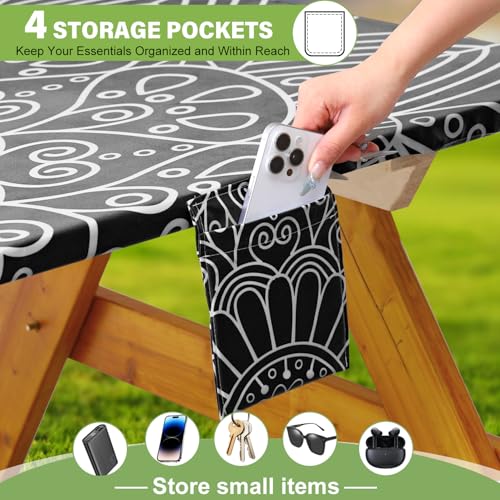 Fitted Picnic Table Cover with Bench Covers Vinyl Waterproof Elastic Edges Fitted Rectangle Tables Patio Tablecloth Camping Gear and Essentials Rv Accessories Road Trip Supplies Car Travel Must Haves - color: Black Mandala, size: 72in