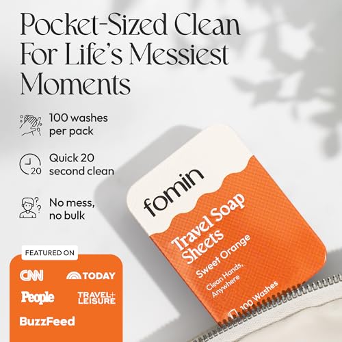 FOMIN - Paper Soap Sheets for Traveling - 100 Orange Portable Camping Soap Sheets for Travel in Tin - Dissolvable Mini Portable Travel Soap Sheet for Hand Washing - color: Orange