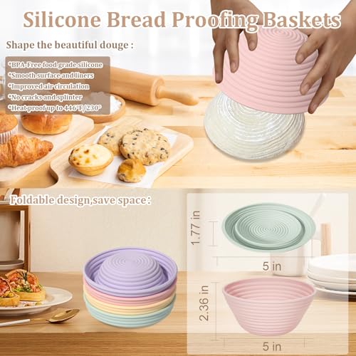 4Pcs Mini Silicone Banneton Bread Proofing Baskets, 5" Sourdough Banneton Proofing Baskets, Non-Stick Round Dough Proofing Bowl Containers Oven Safe for Various Tastes Bread Making-BPA Free - size: 5" Round
