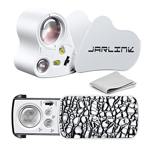 JARLINK 2 Pack 30X 60X 90X Illuminated Jewelers Loupe | Foldable Magnifier with LED & UV Light, for Gems, Diamonds, Coins and Stamps Identification - color: White