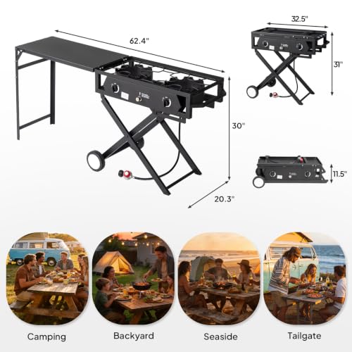 ROVSUN 2 Burner Outdoor Camping Stove with Side Table, Portable Propane Burner, Gas Cooker with Foldable Leg & CSA Regulator for Home Camp Paito Cooking Frying Canning - style: 2-Burner (foldable table)
